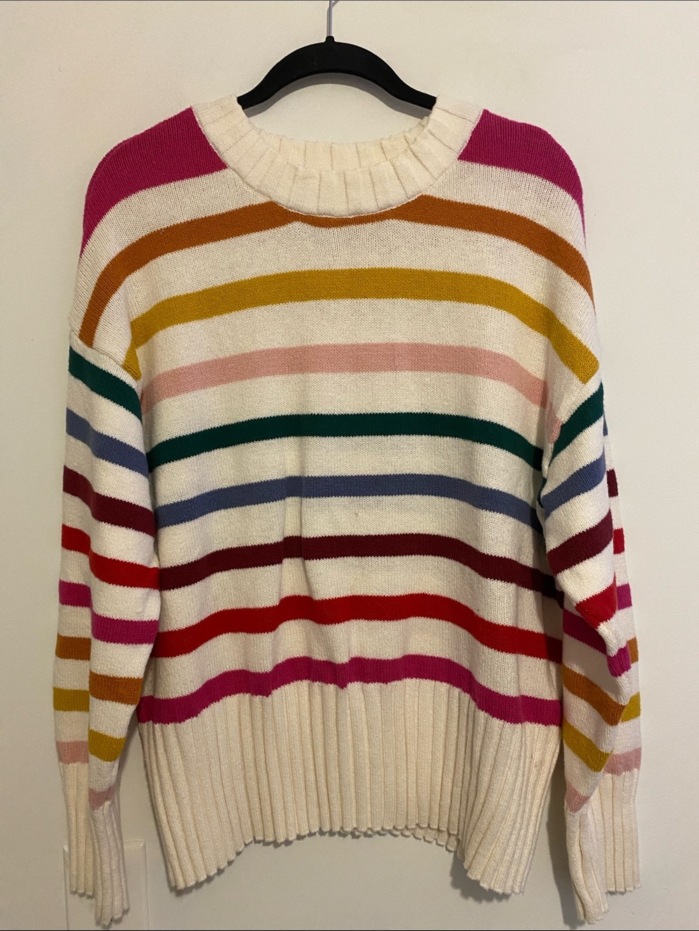 Striped Multicolor Crewneck Sweater - Cream with Rainbow Stripes
